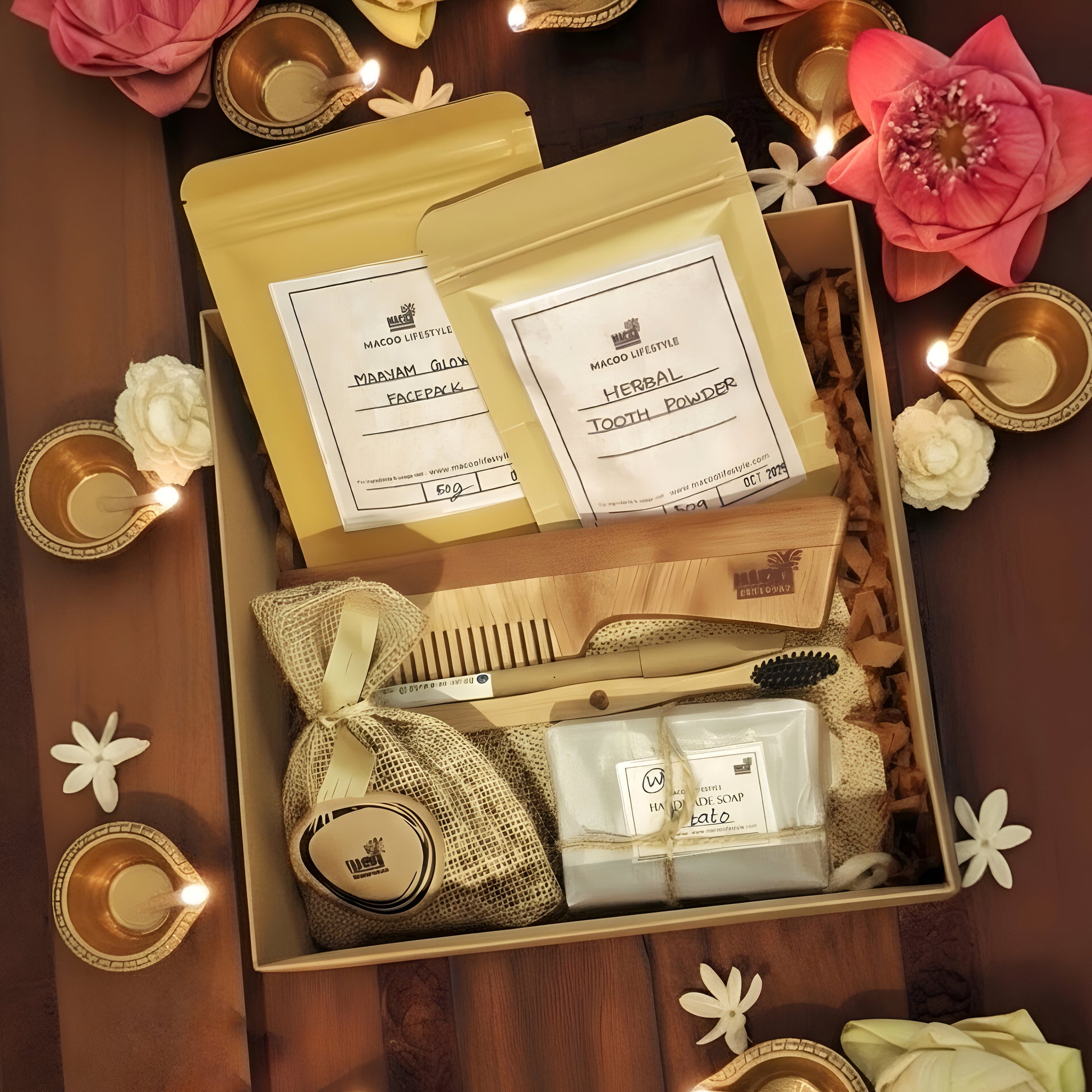 Box of natural beauty products including face packs, tooth powder, and a comb on a decorative background with flowers.