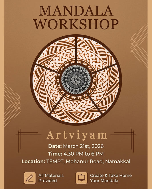 Promotional poster for a Mandala Workshop with a large mandala design on a brown background.