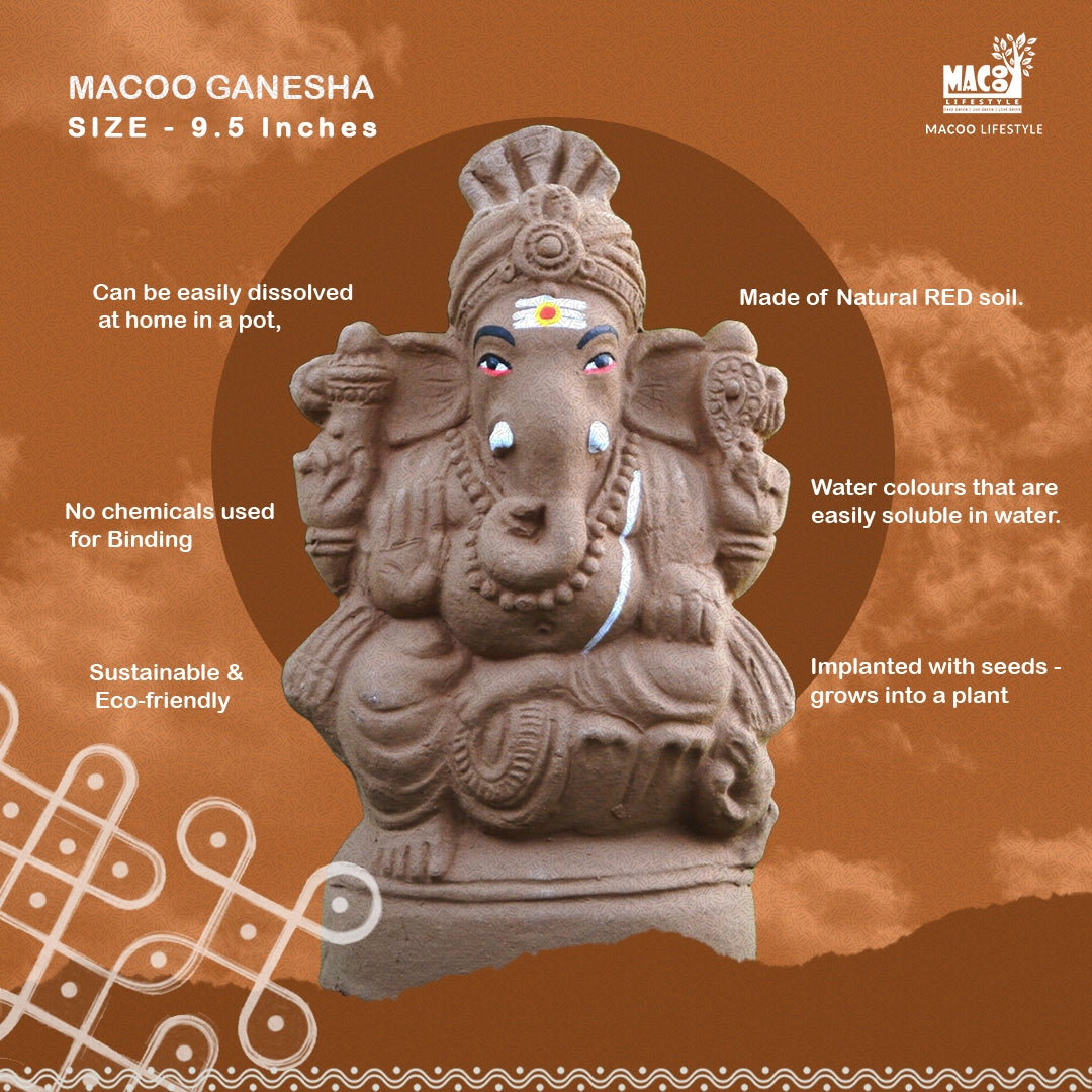 A 9.5-inch Ganesha statue made of natural red soil, presented on a brown graphic background with text detailing its dissolvable, chemical-free, and eco-friendly properties.