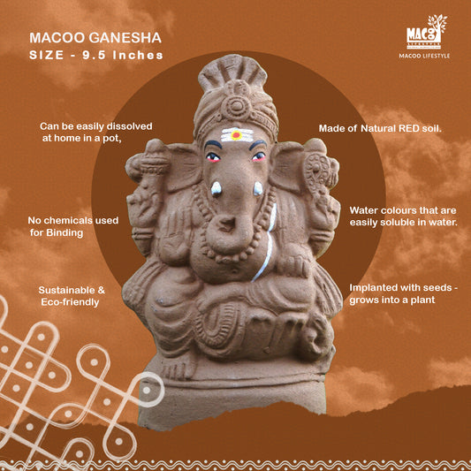 A 9.5-inch Ganesha statue made of natural red soil, presented on a brown graphic background with text detailing its dissolvable, chemical-free, and eco-friendly properties.