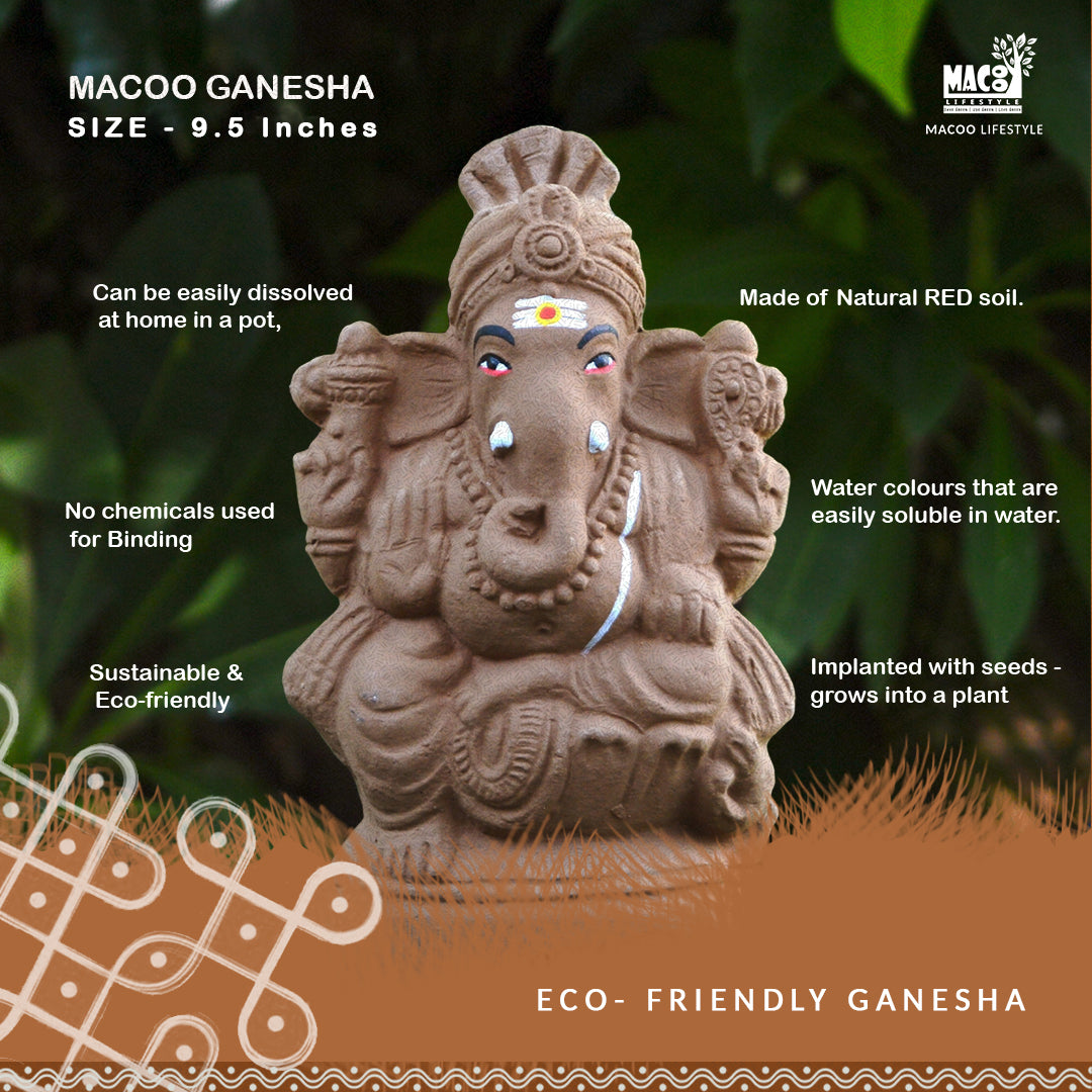 A 9.5-inch Macoo Ganesha statue made of natural red soil, shown with text overlays detailing its eco-friendly properties, set against a blurred green background.