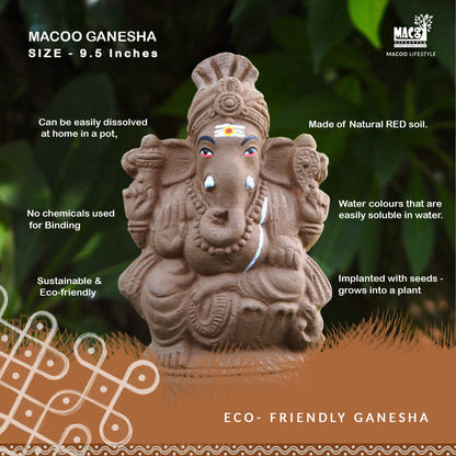A 9.5-inch Macoo Ganesha statue made of natural red soil, shown with text overlays detailing its eco-friendly properties, set against a blurred green background.
