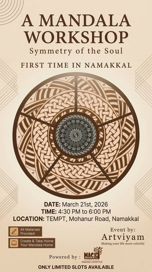 Advertisement for a mandala workshop with a large mandala design on a beige background.